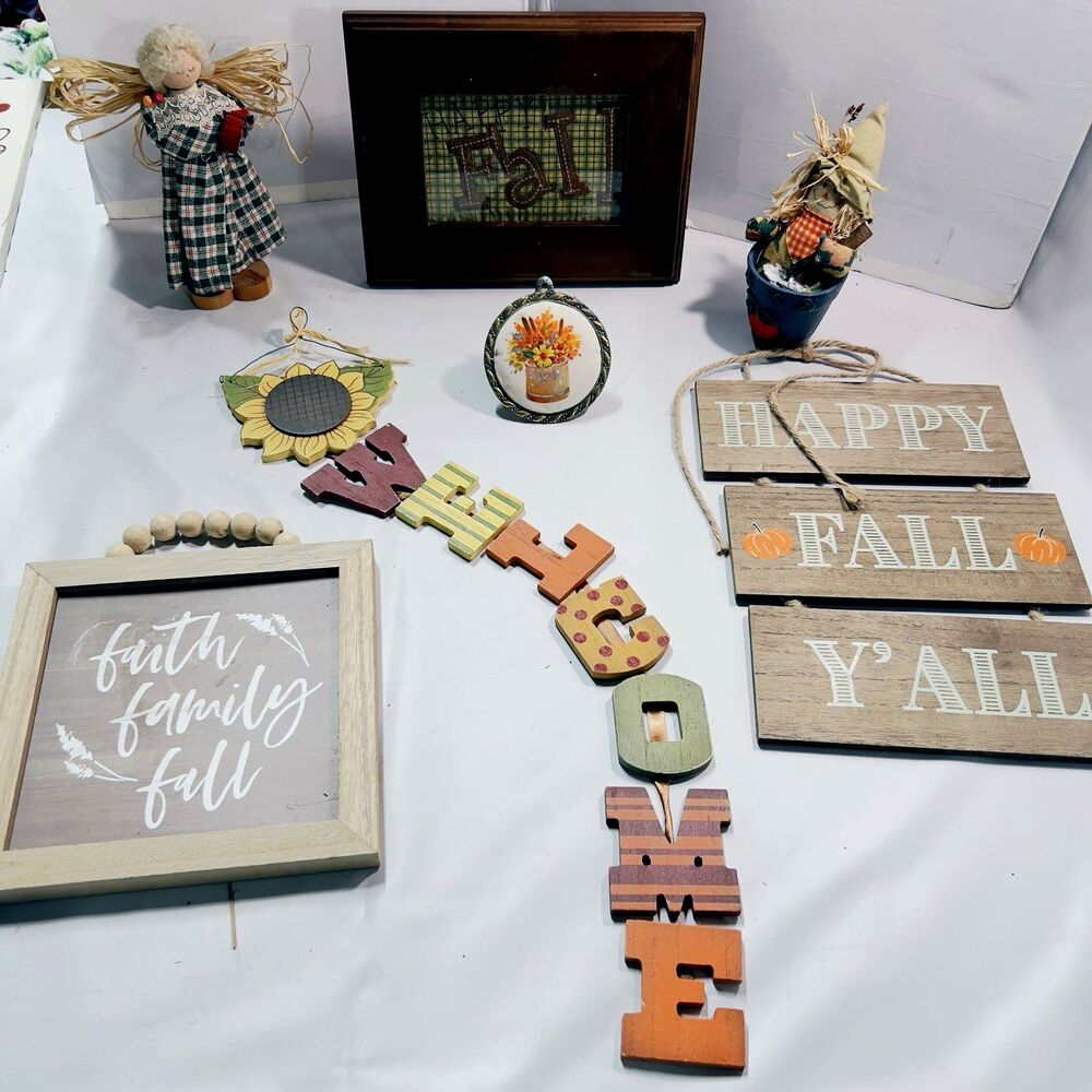 Thanksgiving Fall Harvest Home Decor , Scarecrows, Framed Art, Wood, 7 Piece Lot